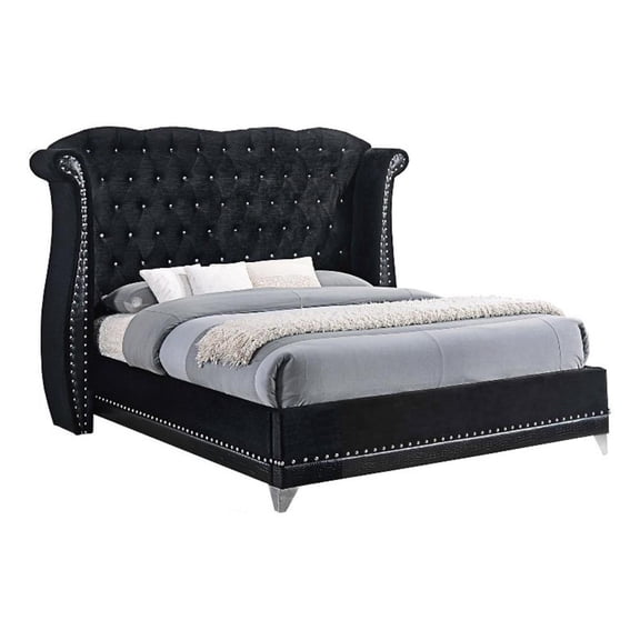 Pemberly Row California King Contemporary Tufted Velvet Upholstered Bed Black