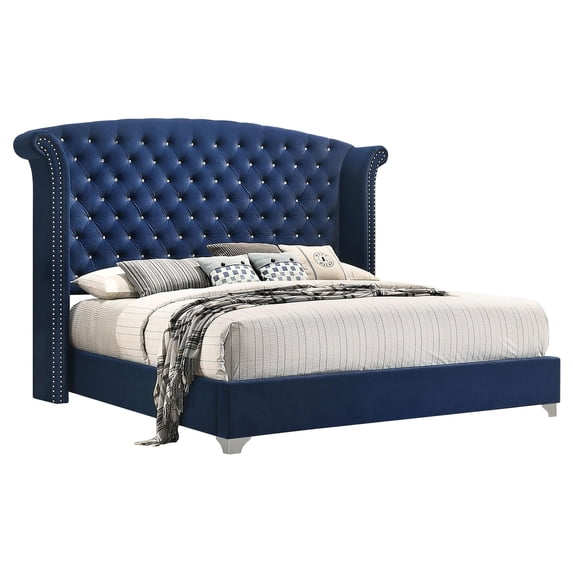 Pemberly Row California King Wingback Velvet Upholstered Bed Pacific Blue