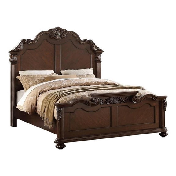 Pemberly Row Carved Eastern King Wooden Bed in Dark Walnut Veneer Finish