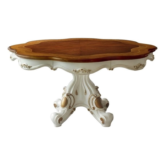 Pemberly Row Carved Wood Dining Table with Pedestal Feet in Pearl & Cherry Oak