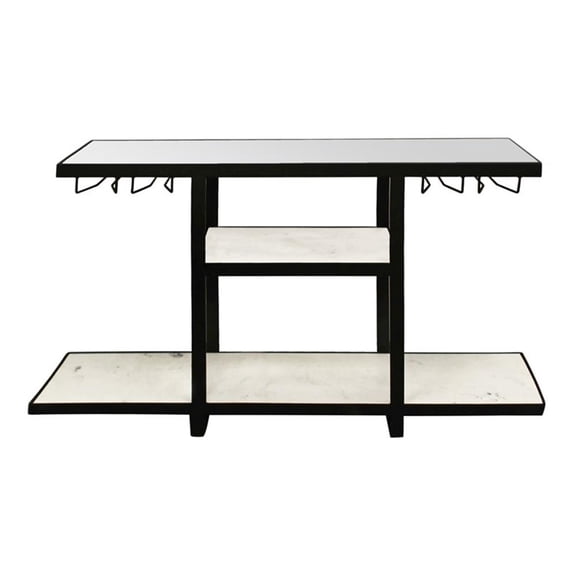 Pemberly Row Cast Iron Bar Console with Marble Shelves and Glass Top in Black