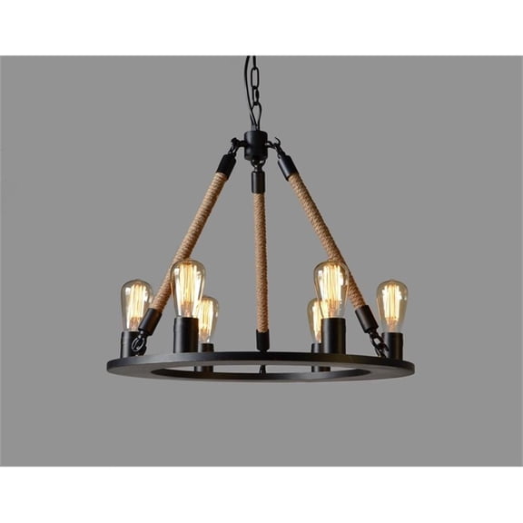 Pemberly Row Cast Iron and Jute Frame 6-Light Pendant in Black