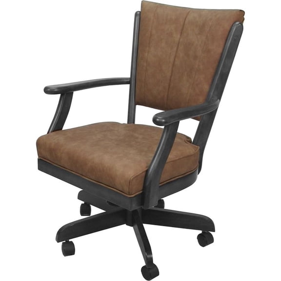 Pemberly Row Caster Solid Wood Dining Chair in Pecan Brown Vinyl/Gray