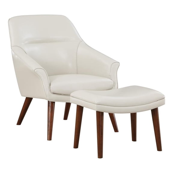 Pemberly Row Chair and Ottoman in Cream Faux Leather with Medium Espresso Legs