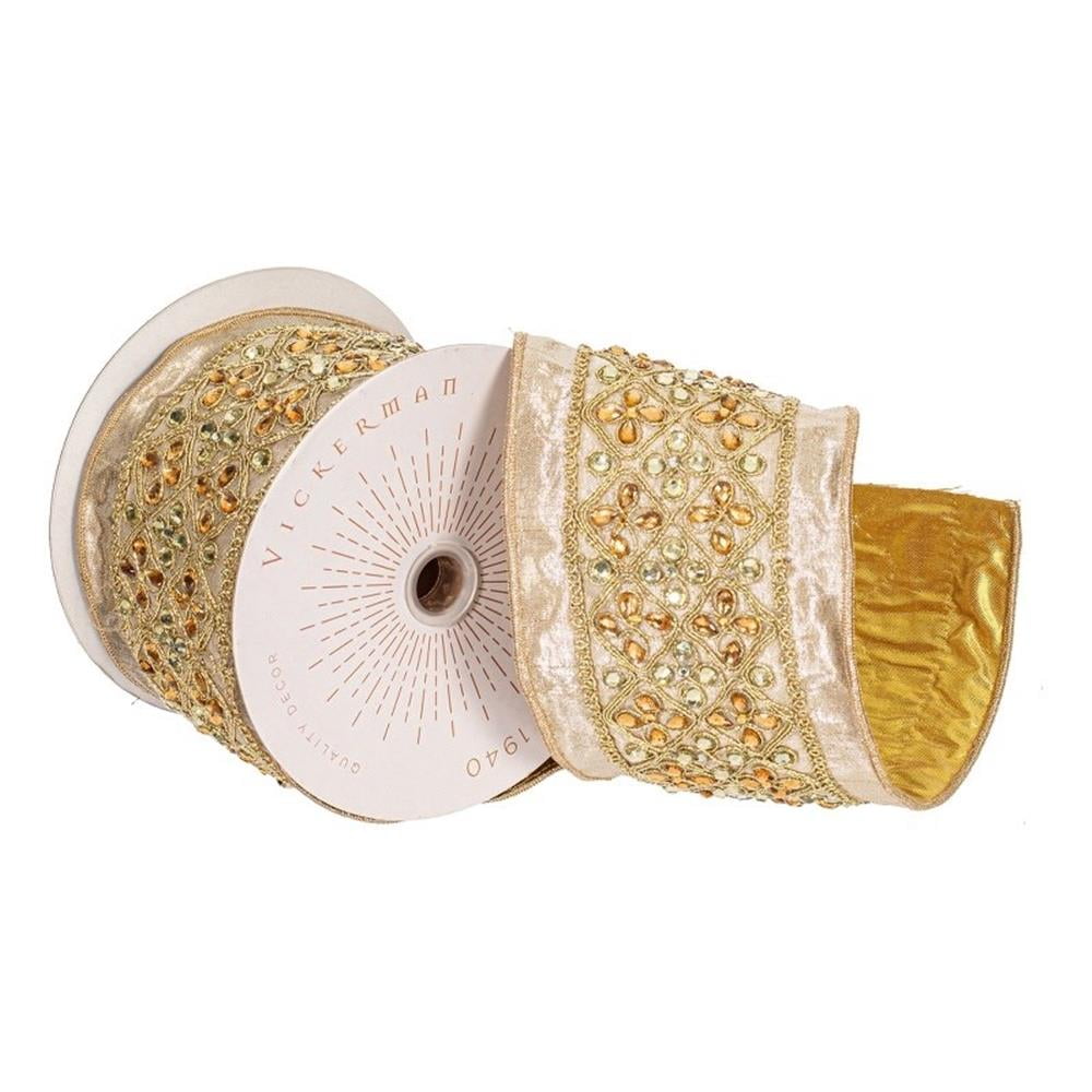 Pemberly Row Champagne-Silver-Gold Jeweled Wired Edge Christmas Ribbon