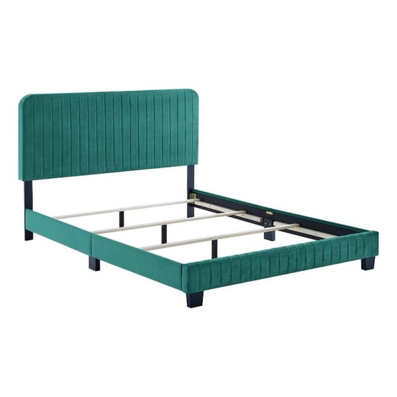 Pemberly Row Channel Tufted Performance Velvet Full Bed in Teal Green