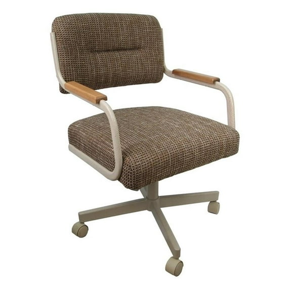 Pemberly Row Checkered Beige Natural Swivel Tilt Kitchen Caster Chair w/ Wheels