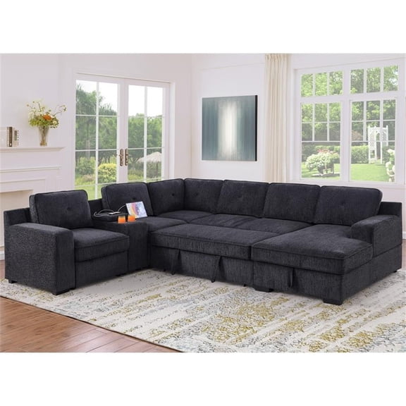Pemberley Row Chenille Dark Gray Sofa U-Shaped Pull-Out Bed 7-Seater