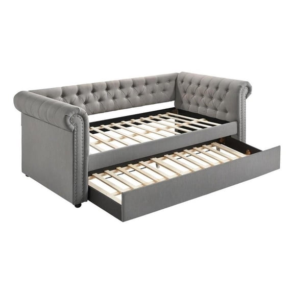 Pemberly Row Chesterfield Daybed w/ Trundle & Crystal Button Tufting - Dove Gray