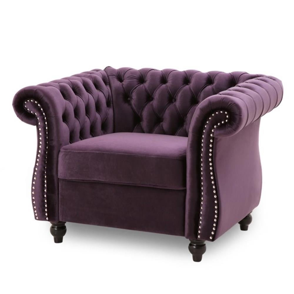 Blackberry Velvet Chesterfield Armchair with Dark Brown Birch Legs