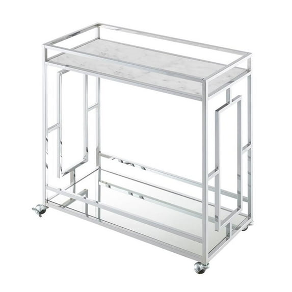 Pemberly Row Chrome Metal Faux Marble Mirrored Bar Cart with Shelf