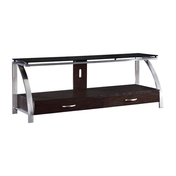 Pemberly Row Chrome and Glass TV Stand with 2 Drawers and Cubby in Espresso