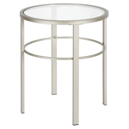 Pemberly Row Circle Side Table with Glass Top in Satin Nickel