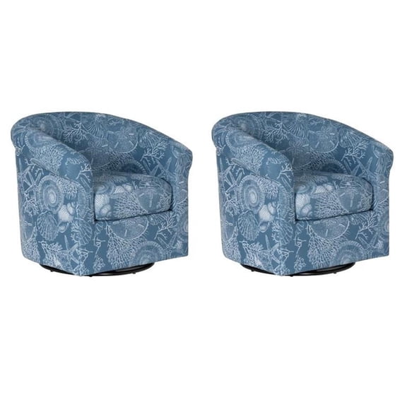 Pemberly Row Coastal Set of 2 Blue Seashell Pattern Swivel Club Chairs