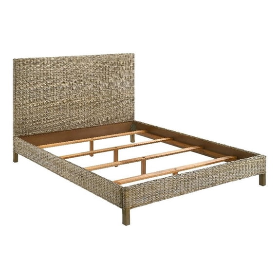 Pemberly Row Coastal Woven Rattan Wood Queen Panel Bed Kubu Gray