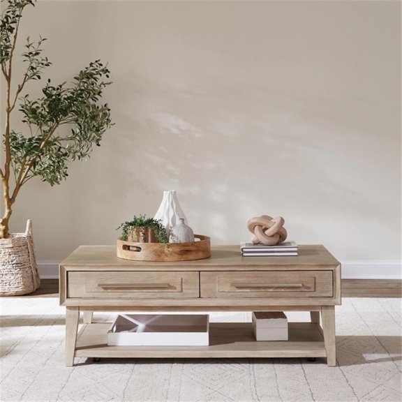 Pemberly Row Cocktail Table w/ 2 Drawers & Casters in Sandstone
