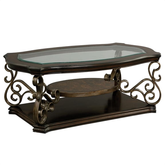 Pemberly Row Cocktail Table with Glass Top and Scroll Accent in Brown