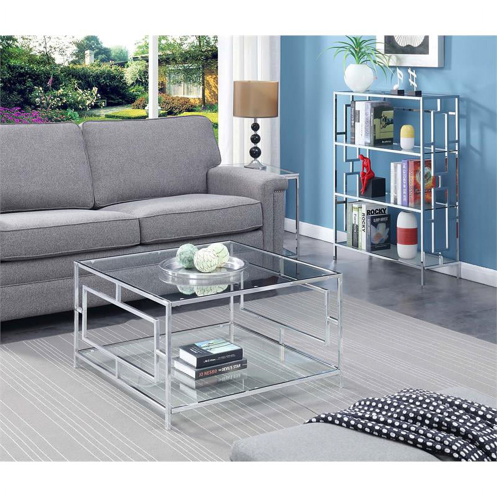 Pemberly Row Coffee Table in Clear Glass and Chrome Metal Frame