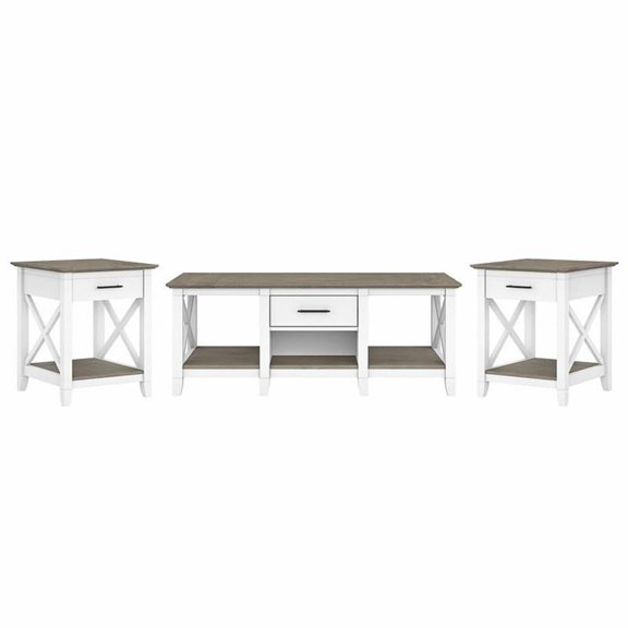 Pemberly Row Coffee Table with End Tables in White and Gray - Engineered Wood