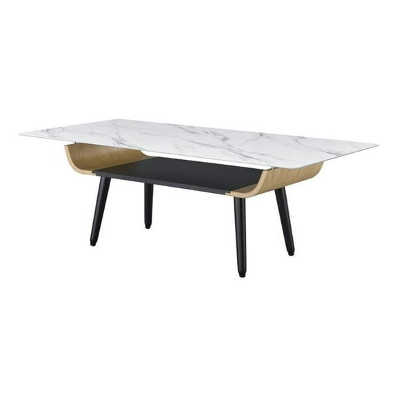 Pemberly Row Coffee Table with Glass White Marble Texture Top & Bent Wood Design