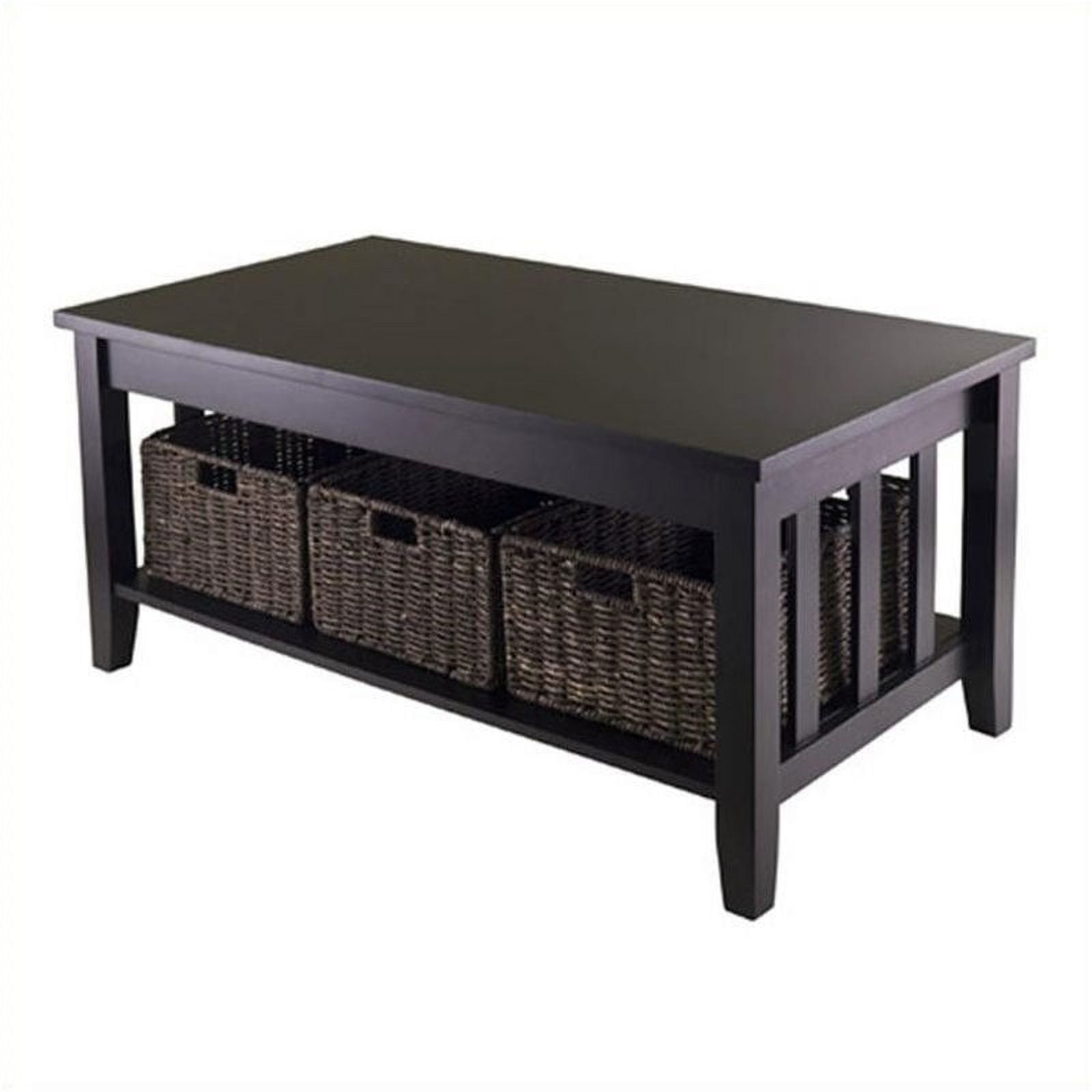 Espresso Brown Rectangular Wood Coffee Table with Storage Baskets