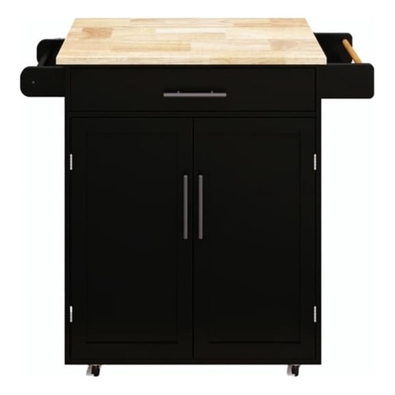 Pemberly Row Compact Rolling Kitchen Island with Drop-Leaf Countertop-Black