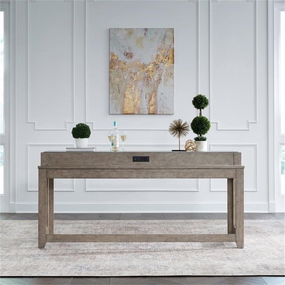 Pemberly Row Console Bar Table with Tile Top and Charging in Nutmeg Oak Wood