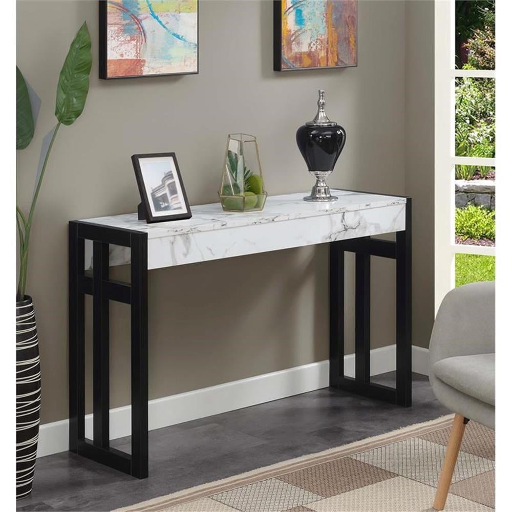 Pemberly Row Console Table in White Faux Marble Wood Finish and Black ...