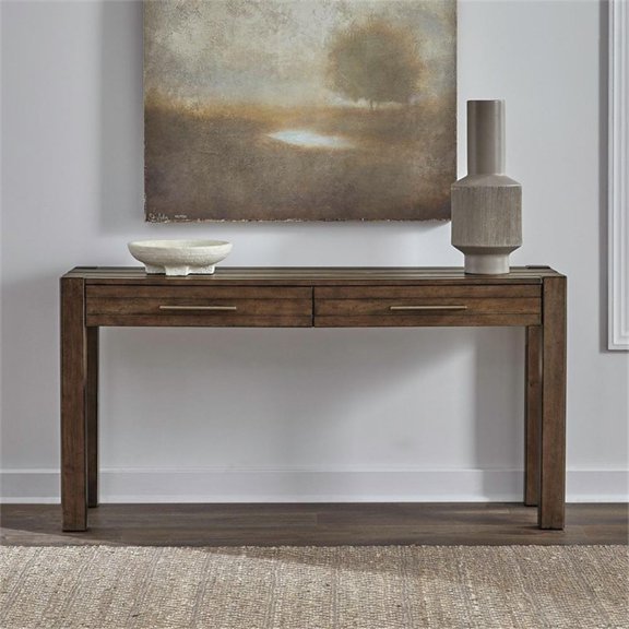 Pemberly Row Console Table with Drawers and Planked Top in Cobblestone Brown