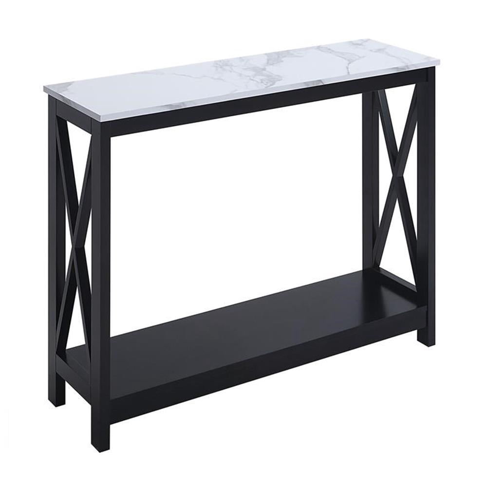Pemberly Row Console Table with Shelf in White Faux Marble and Black ...