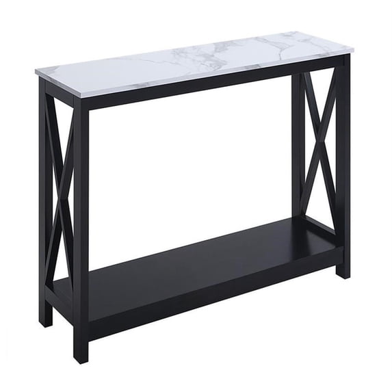 Pemberly Row Console Table with Shelf in White Faux Marble and Black ...