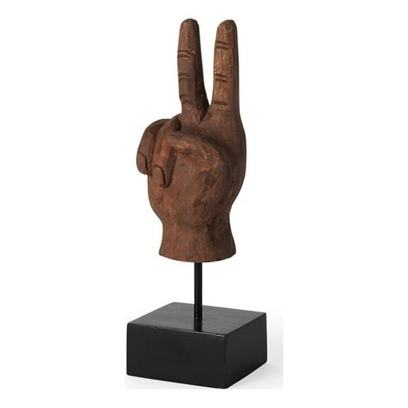 Pemberly Row Contemporary 13"H Brown Wood Carved Peace Sign Hand