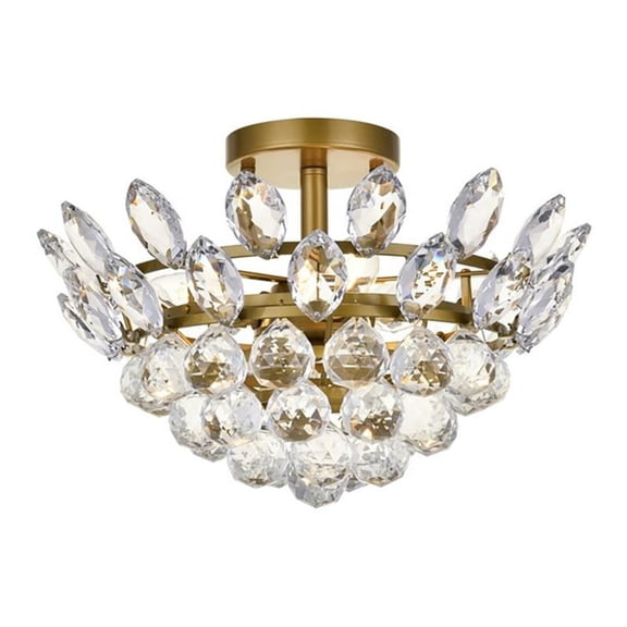 Pemberly Row Contemporary 14" Iron and Crystal Flush Mount in Brass