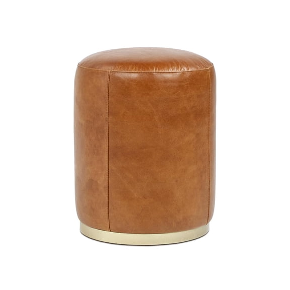 Pemberly Row Contemporary 16" Round Leather Ottoman Stool in Camel Brown