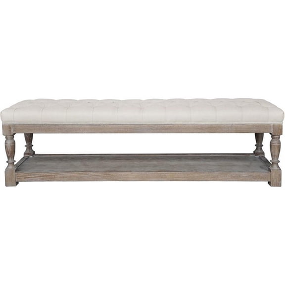 Pemberly Row Contemporary 17" Wood Bench in Antique White & Linen