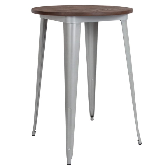 Pemberly Row Contemporary 30" Round Pub Table in Walnut and Silver