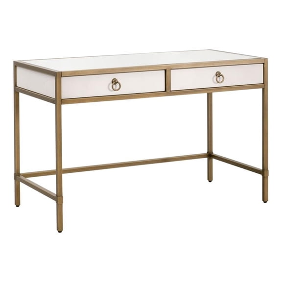 Pemberly Row Contemporary 49" Faux Shagreen Gold 2-Drawer Glass Top Desk