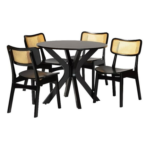 Pemberly Row Contemporary 5-Piece Wood & Rattan Dining Set in Brown