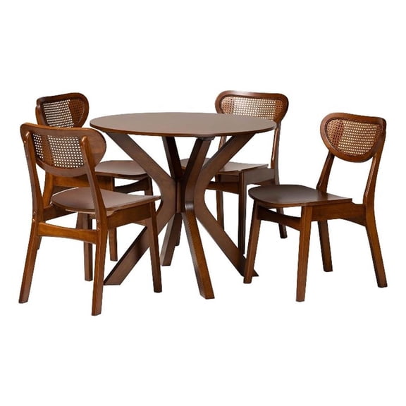 Pemberly Row Contemporary 5-Piece Wood & Rattan Dining Set in Brown