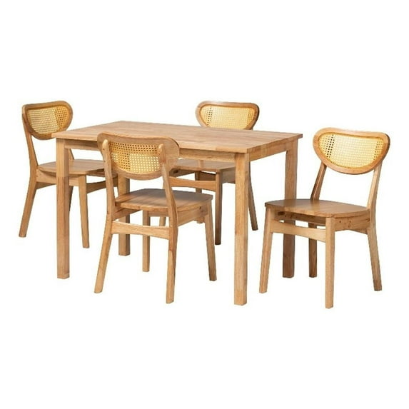 Pemberly Row Contemporary 5-Piece Wood & Rattan Dining Set in Oak Brown