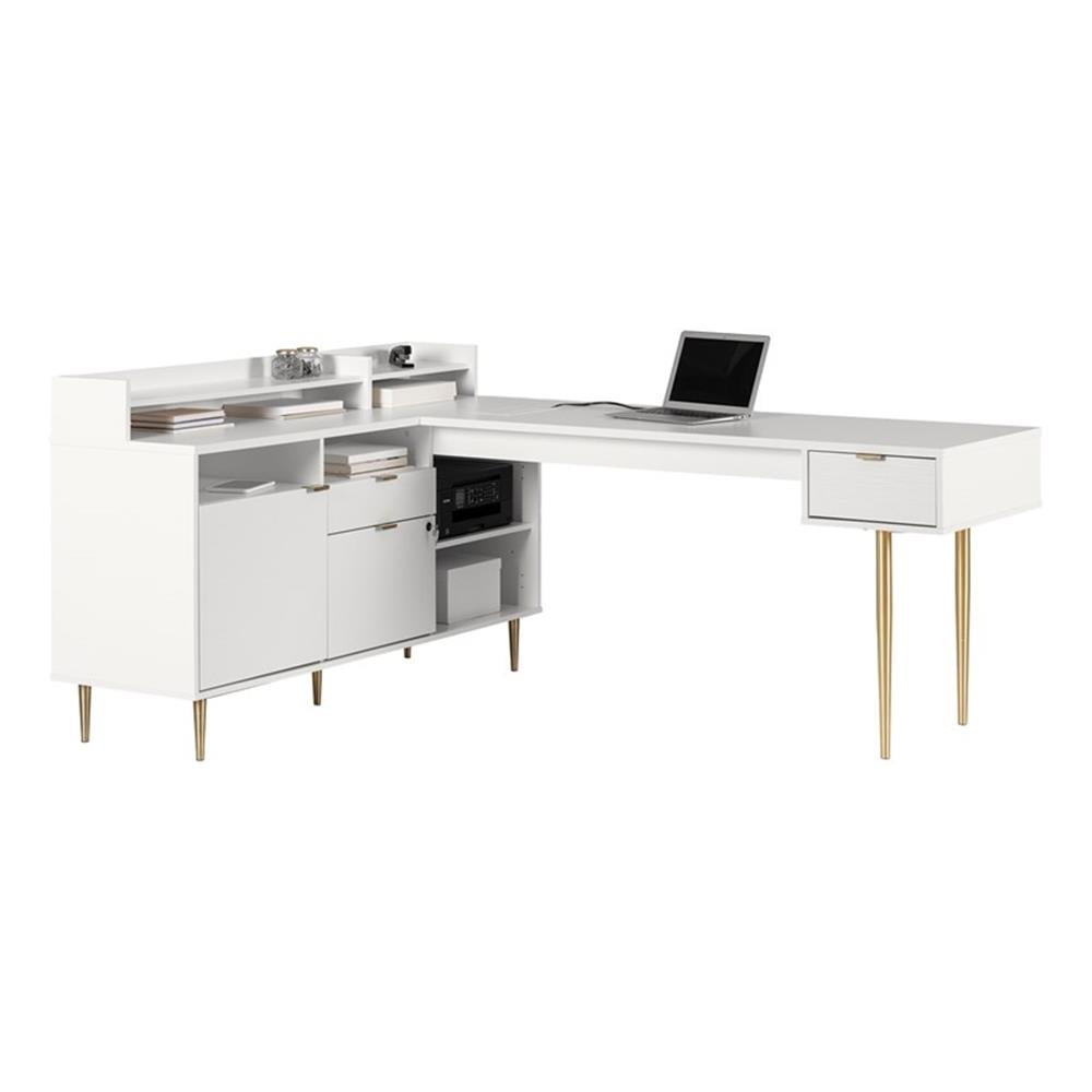 White Midcentury L-Shaped Desk with Drawer, Power Outlet, and Filing Cabinet