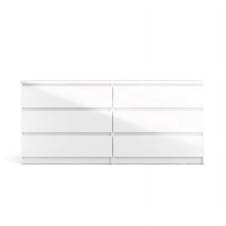 Pemberly Row Contemporary 6 Drawer Double Dresser in White High Gloss