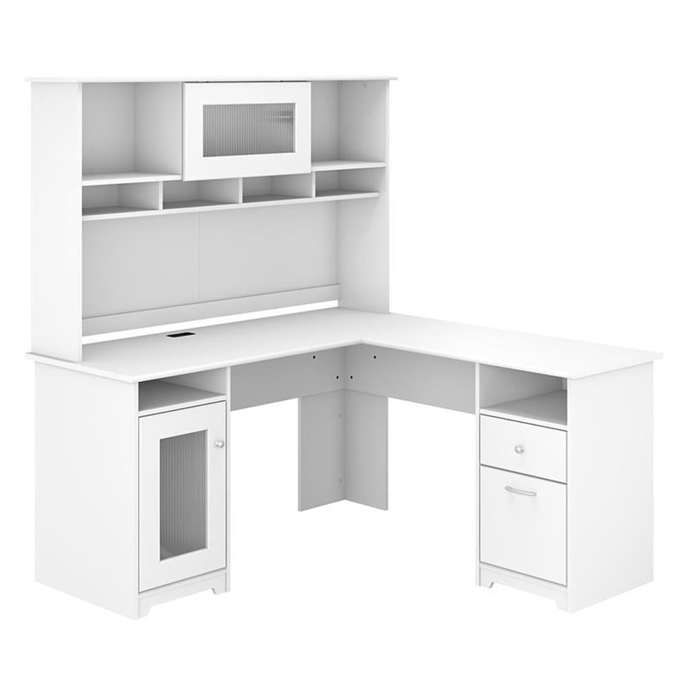 Pemberly Row Contemporary 60W L Shaped Computer Desk with Hutch in White, image size:1000x1000
