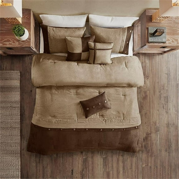 Pemberly Row Contemporary 7 Piece Faux Suede Comforter Set in Brown