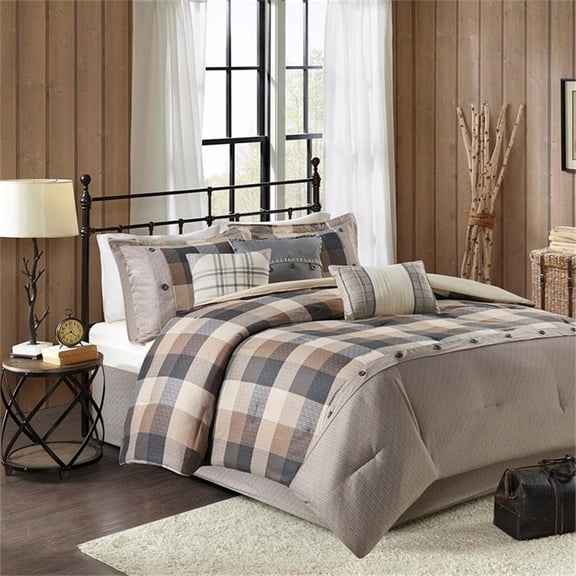 Pemberly Row Contemporary 7 Piece Herringbone Comforter Set in Neutral