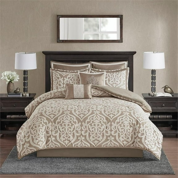 Pemberly Row Contemporary 8 Piece Jacquard Comforter Set in Tan