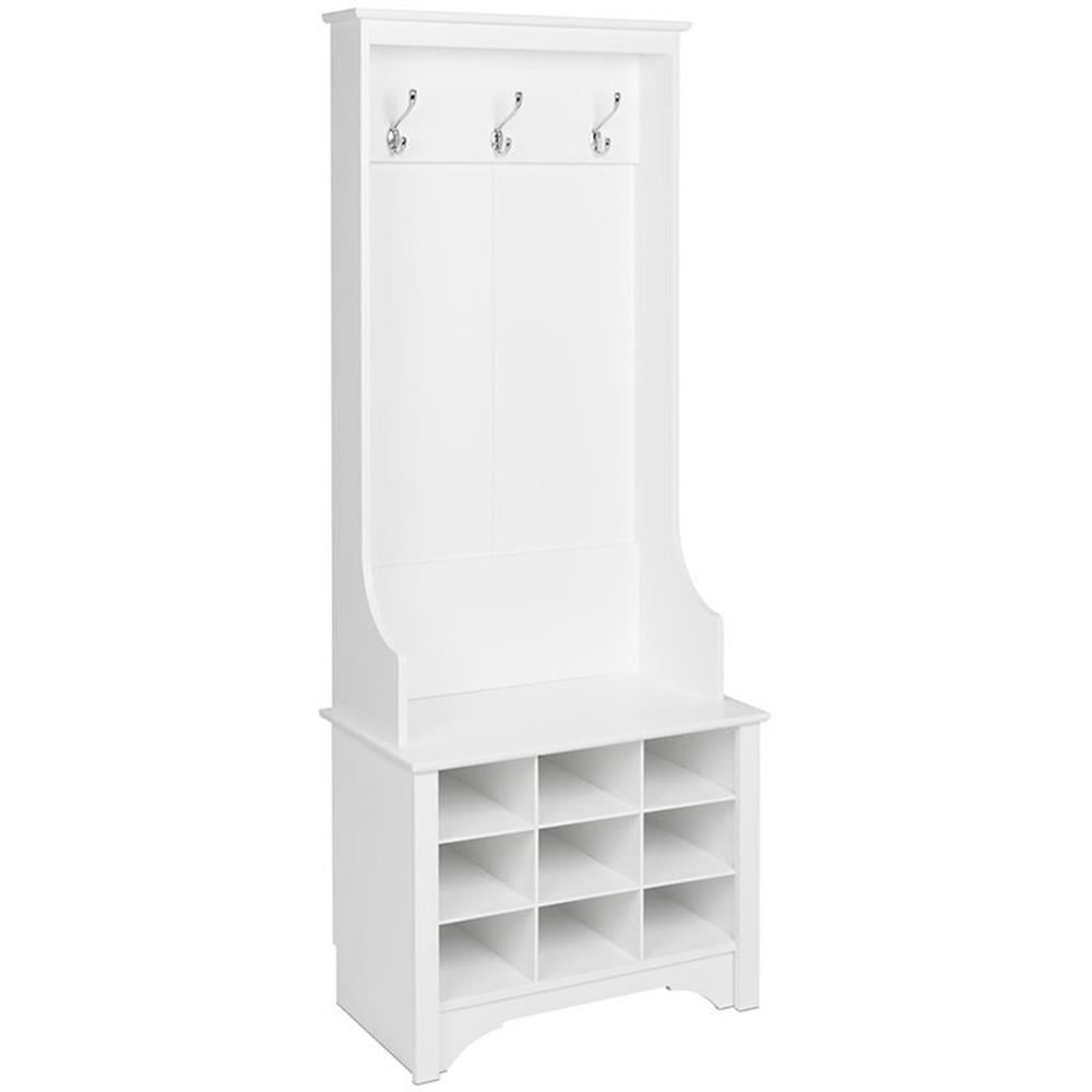 White Wood and Metal Hall Tree with 9 Shoe Cubbies