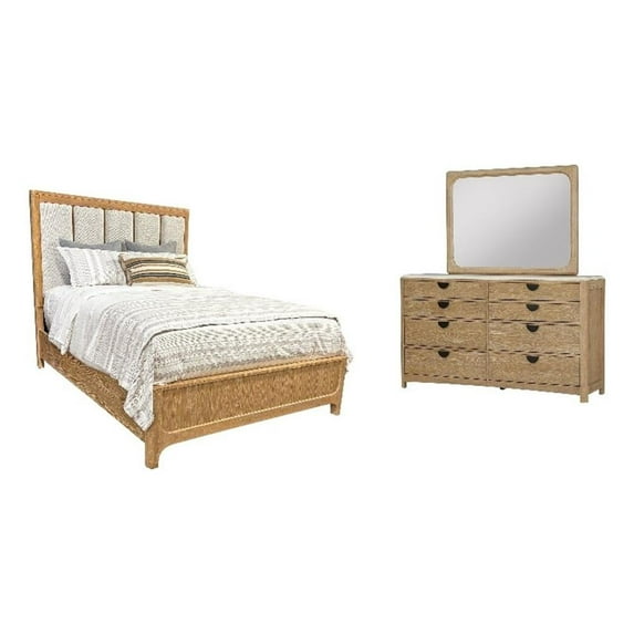 Pemberly Row Contemporary Bedroom King Panel Bed with Dresser and Mirror