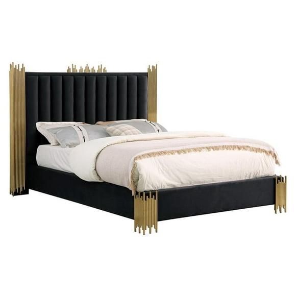 Pemberly Row Contemporary Black Velvet Platform Bed in Queen Size