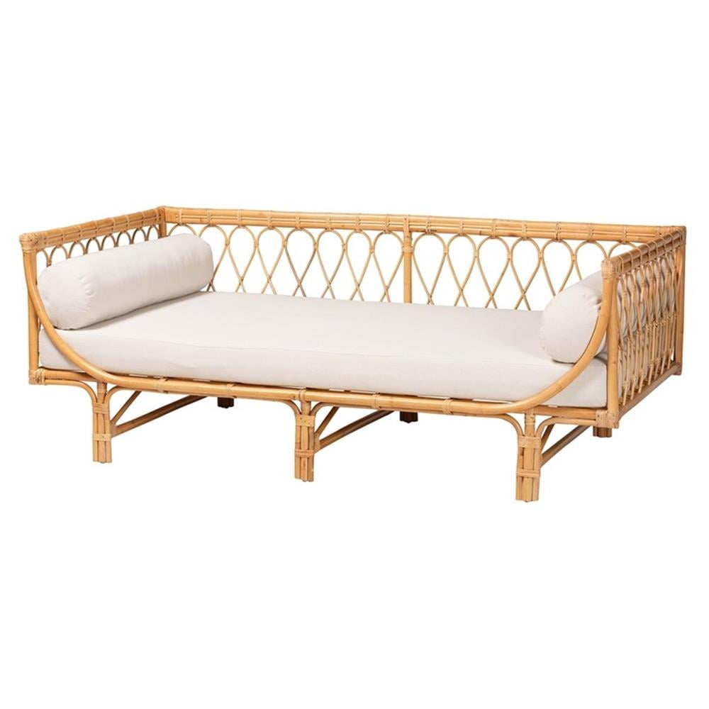 Natural Brown Rattan Daybed with White Upholstered Cushions